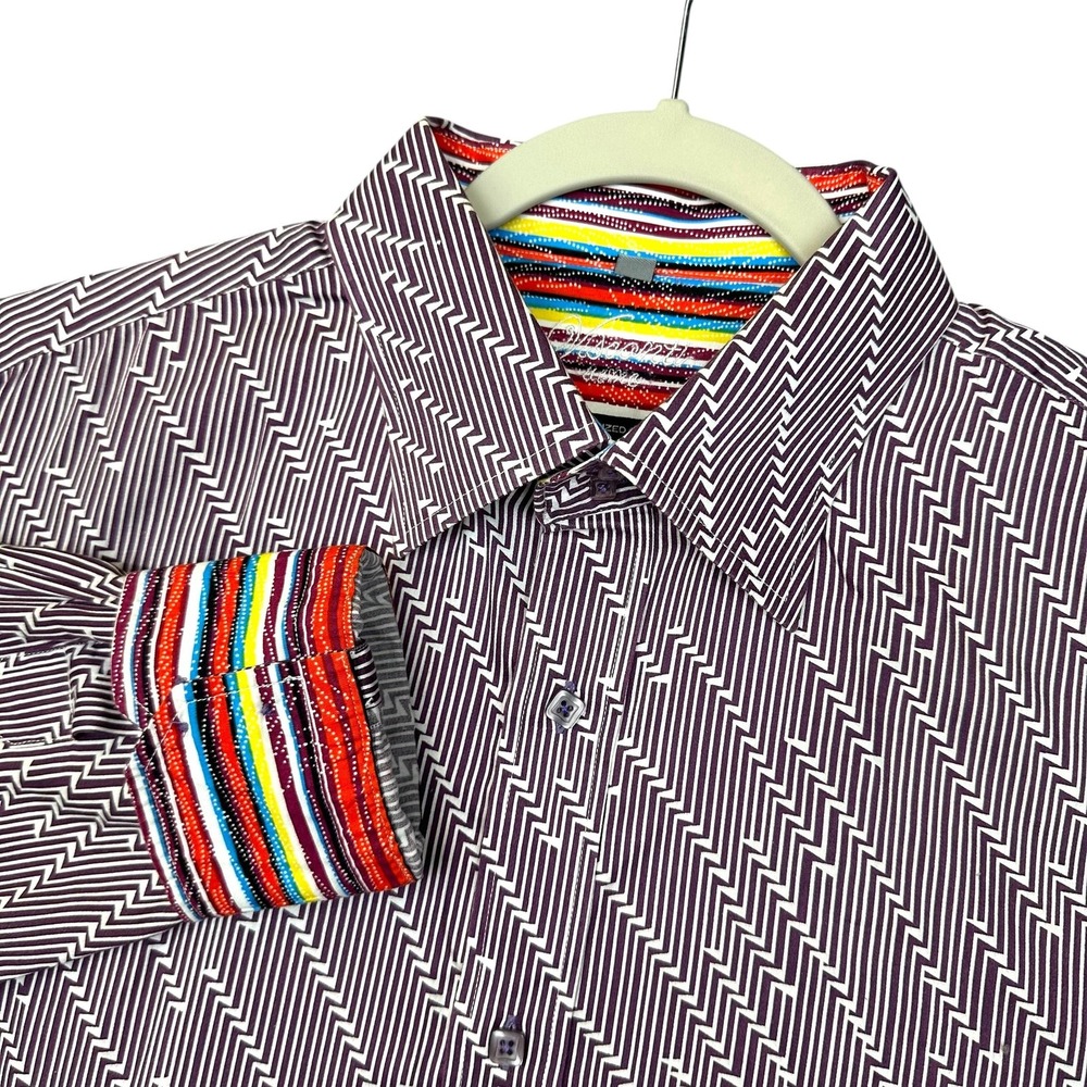 Visconti Uomo Shirt‎ Mens XL Purple White Zig Zag Stripe Long Sleeve Flip Cuff